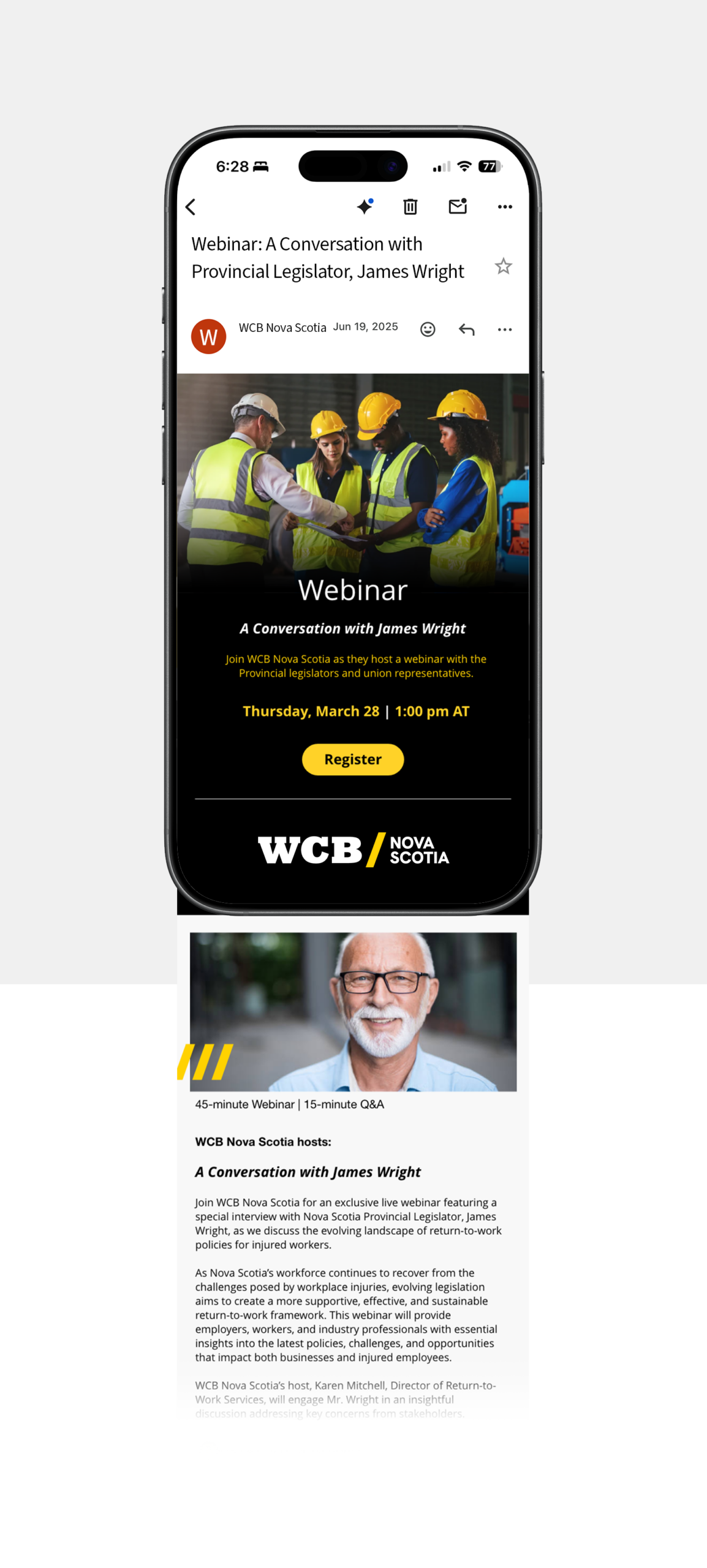 Email newsletter on mobile phone.