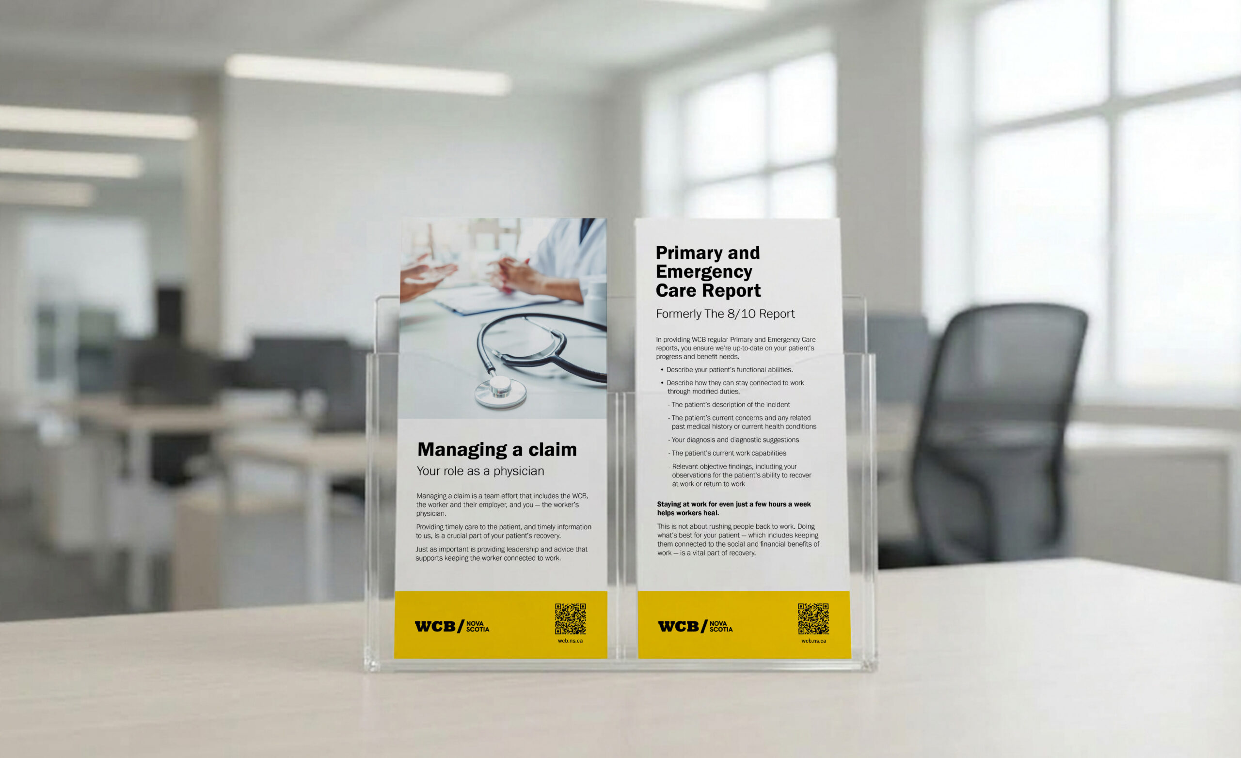 Physician Claim brochure displayed on countertop.