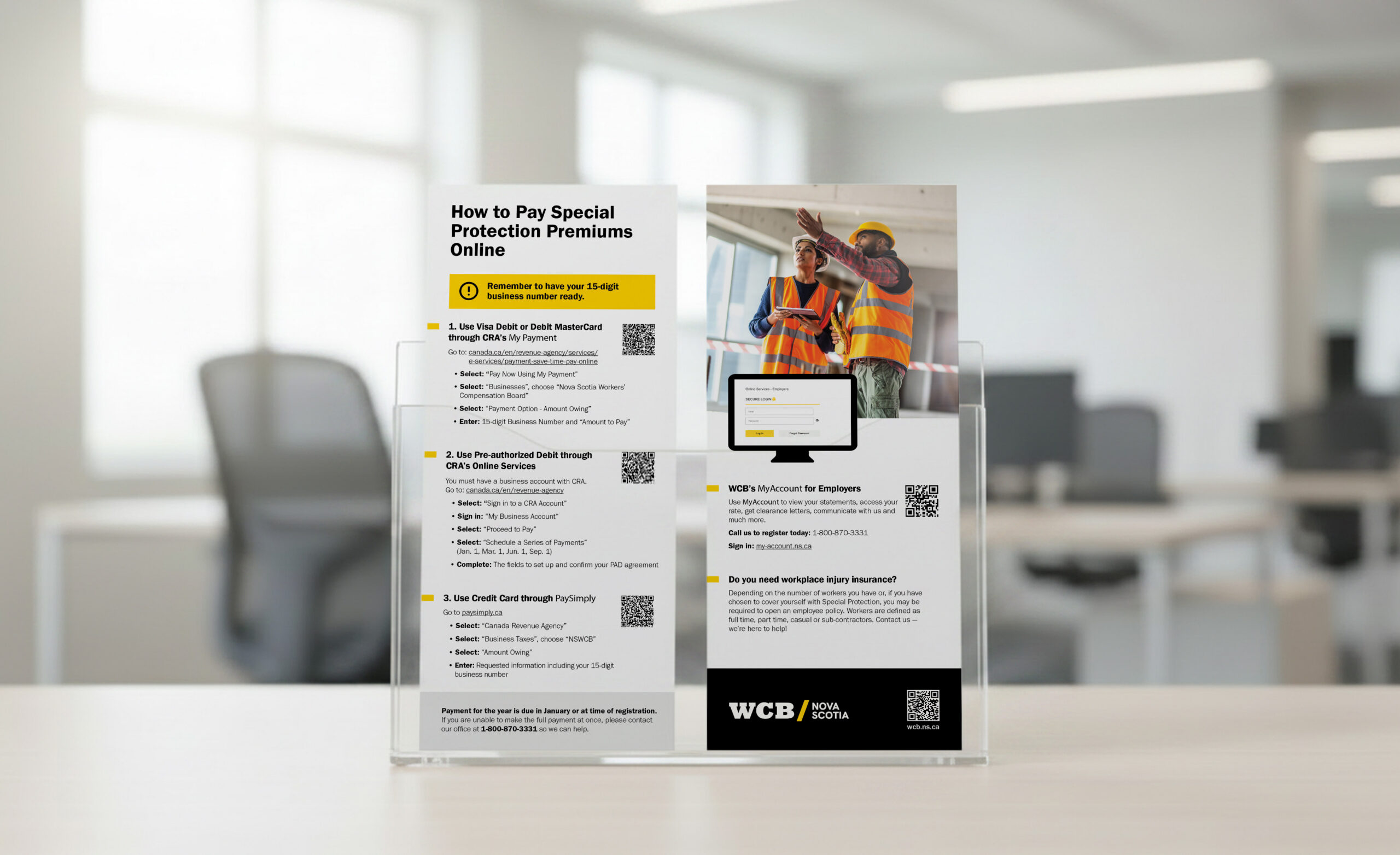 Special Protection Premiums brochure displayed on countertop.